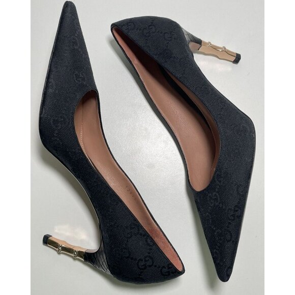 Gucci Monogram Bamboo Heel Pumps Authentic Black GG Canvas NEW Size 36 C - Picture 7 of 11